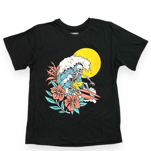 BROOKLYN VERTICAL Black Graphic Crewneck Shirt Skeleton Surfer - Picture 1 of 5